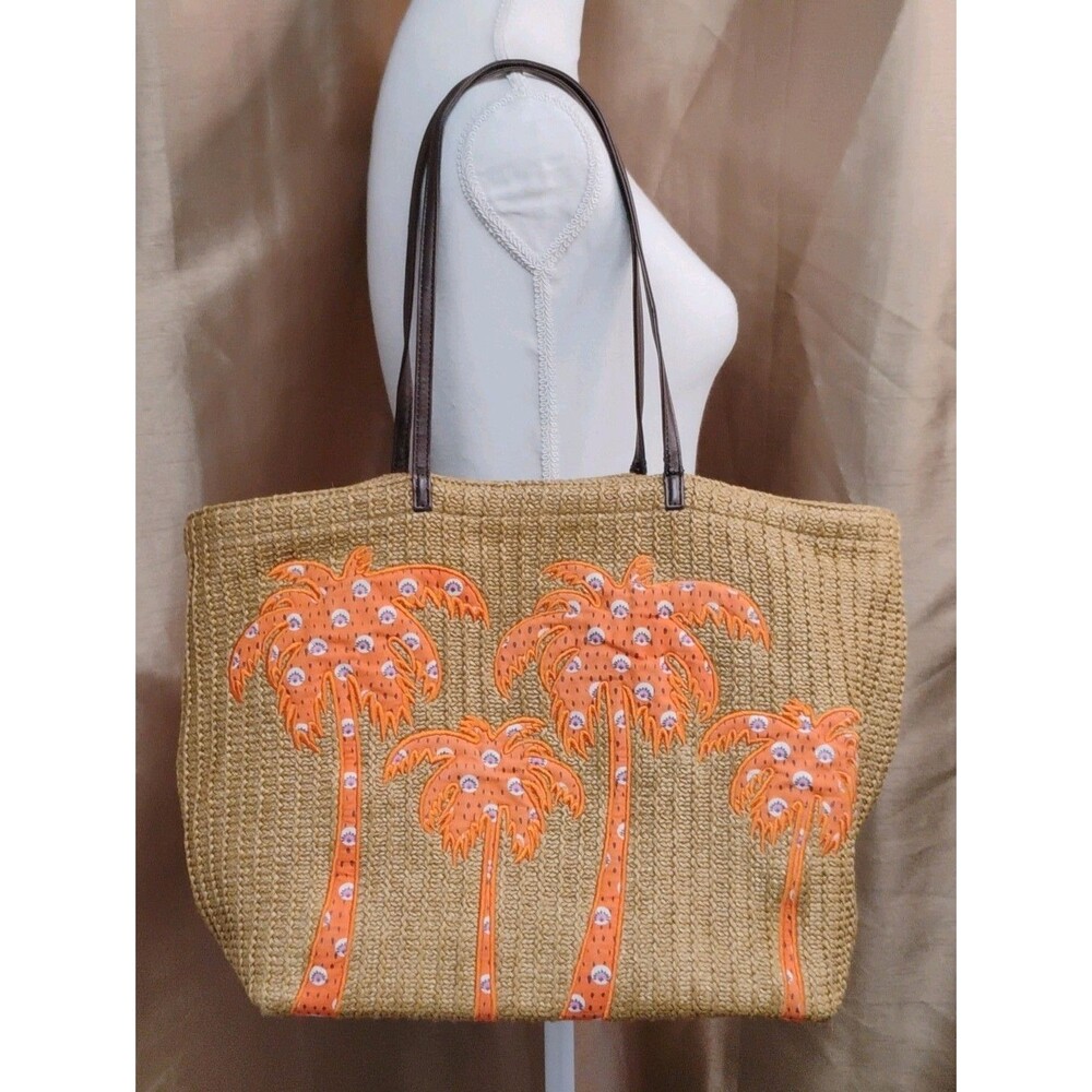 Vera Bradley Beach Palm Tree Applique Woven Tan Orange Shoulder Bag Tote